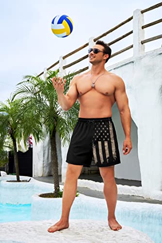 Partrest Men's Swim Trunks With Compression Liner Black American Flag Quick Dry Boxer Brief Lined Stretch Swim Shorts Men Board Shorts #TOP3