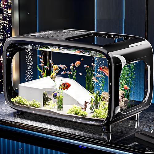 Fish Aquarium Turtle Tank with A Climbing Frame and Landscaping 20L Clear Decorative Aquarium Top Cover Design Side Oxygen Pump Port Bass and Low Noise Perfect for Small Fish Shrimp(40*22.7*25.5cm)