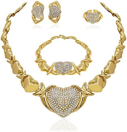 Gold Jewelry Set 18K Gold Accessories XOXO Necklace Set for Women Jewelry Set Wedding Bridal Fashion Jewelry Sets Women Accessories Bracelets Earrings and Rings Sweetheart Gifts (Gold)