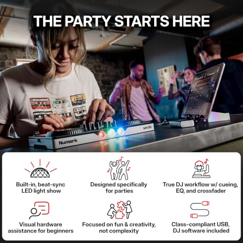 Image of Numark Party Mix III Bluetooth DJ Controller with Built-in Lights | Beat Assist, Smart Fader, 16 Pads, 2 Deck DJ Mixer, Stems Control, USB-C, Serato DJ Lite and Algoriddim djay Included
