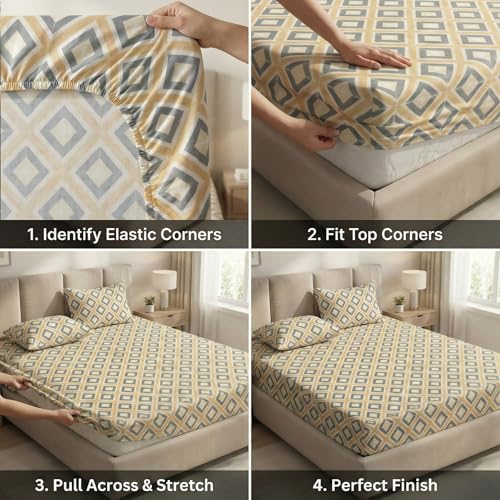 Image of VAS COLLECTIONS Double Bed 160 TC Cloud Cotton Fitted Bedsheet (78x72+10 Inches) | Elastic Deep Pocket Cotton Bed Sheet | Soft, Breathable Bedding for Home & Hotel (Golden Ash)