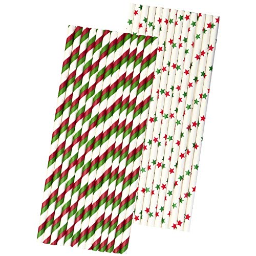 50 Christmas Paper Straws - Red White Green Stripe and Stars - 50 Pack Outside the Box Papers Brand