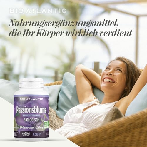 Bio Passionsblume 1600 mg pro Tag - ENTSPANNUNG, SCHLAF - 200 Tabletten | Premium Naturprodukt & Rein pflanzlich