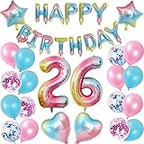 Juego de decoración de cumpleaños para niñas de 26 años: 1 globo con letras "Happy Birthday", 2 globos de látex de 32 x 32 pulgadas, globos gigantes de látex rosa de 5 x 32 pulgadas, 5 globos de látex azul de 3 x 30 cm, 5 globos de confeti rosa de 3 x 30 cm,