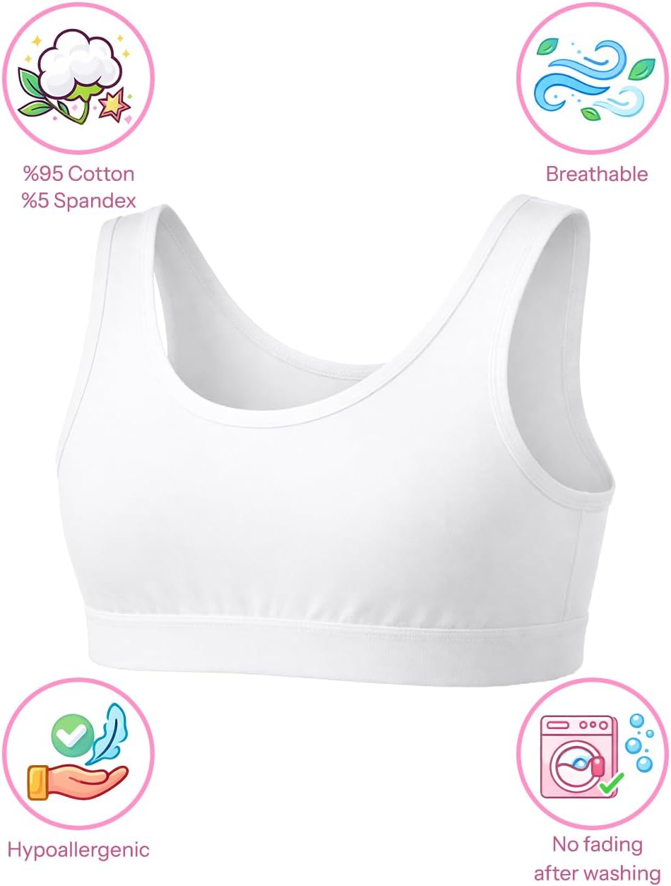 Donella Girls Training Bras - Soft Cotton Kids Sports Bra, 5 Pack Crop Tops