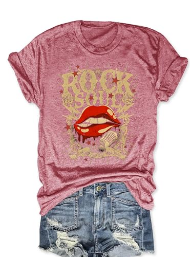 Rock and Roll Shirts for Women Vintage Rock Band T Shirts Country Concert Outfits Short Sleeve Country Tops(Pink,XL)