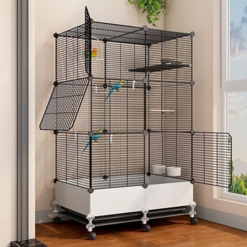Buccvut 【大型豪華】スタンド付きバードケージ|移動&お手入れ簡単|複数飼い対応 セキセイインコ・オカメインコ・文鳥に最適|頑丈設計・簡単設置|ペット鳥用高級ケージ (ブラック,74*37*139cm)