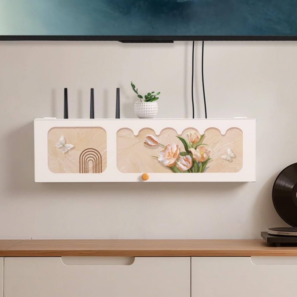 Wall-Mounted WiFi Router Storage Box, No-Drill Cable Organizer with Flip-Up Door, Slim TV Console Router Cover(Medium)
