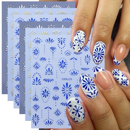 6 Sheets Bohemian Style Nail Stickers for Nail Art Gold Nail Art Stickers 3D Self-Adhesive Silver Bohemian Designs Nail Decoration Retro Blue Nail Decals for Women Summer Nails Supplies