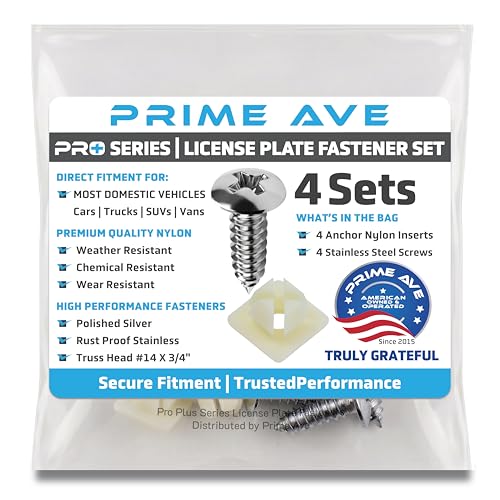 PRIME AVE License Plate Screws with Nylon Inserts - Stainless Steel Rust Proof License Plate Screws for Securing License Plates, Frames & Covers 4755299 3907444 A11719 (Set of 4)