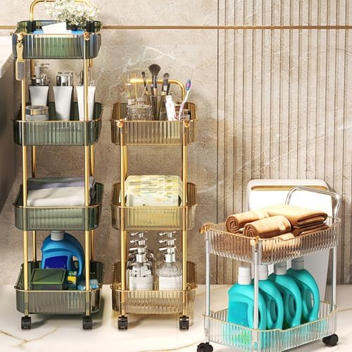 Acrylic 4-Tier Utility Cart with Handle & Lockable Wheels – Rolling Storage Trolley for Bathroom, Kitchen, Home Organization & Office Use