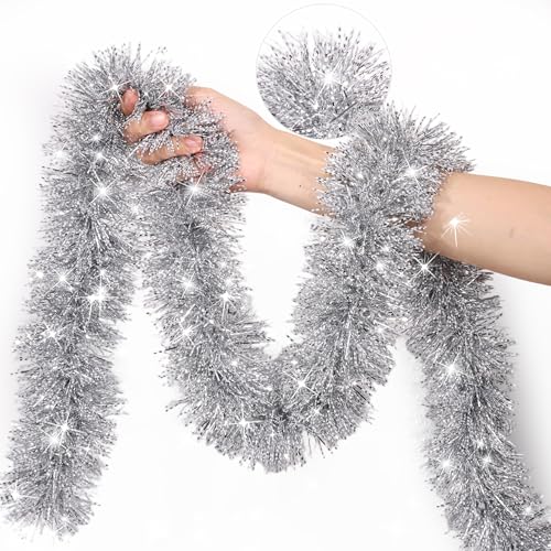 50 Feet Silver Christmas Tinsel Garland for Christmas Tree Decorations, Xmas Metallic Twist Shiny Hanging Garland Decor for Mantle Stairs Fireplace Home Holiday Indoor Outdoor