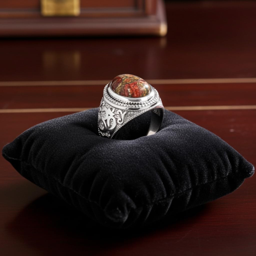 LA BLINGZ 14K White Gold Om Aum Ring Orange Copper Turquoise Oval Yoga Meditation Statement Ring Unisex