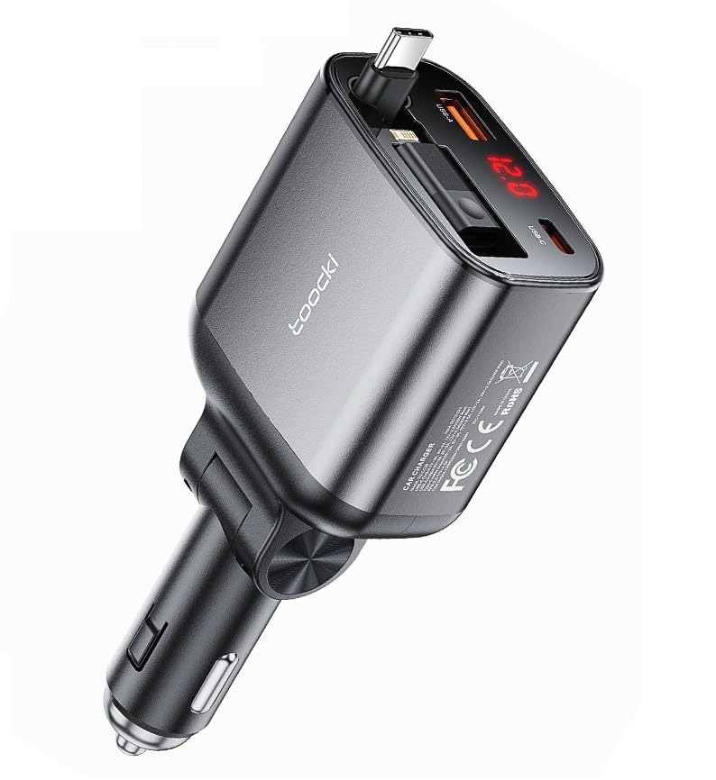 Image of INICIO Retractable Car Charger, 105W 4 in 1 with 80cm PD 45W Type-C Cable, 30W USB C Port & 27W iPhone Fast Charging Car Adapter for iPhone 16 15 14 13 Galaxy S24 Ultra iPad Pro Pixel 9 8 etc