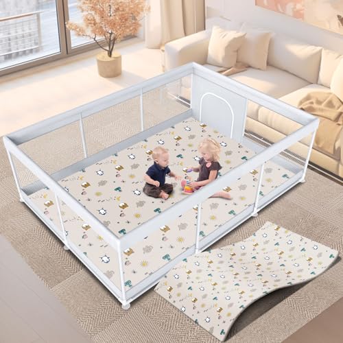 Image of Baby Playpen with Mat 74" x 50" Large Play Yard Playpen for Babies and Toddlers with External Zipper Door Design Safety Baby Activity Center with Visible Mesh Non-Slip Play Pen(Mat Included)