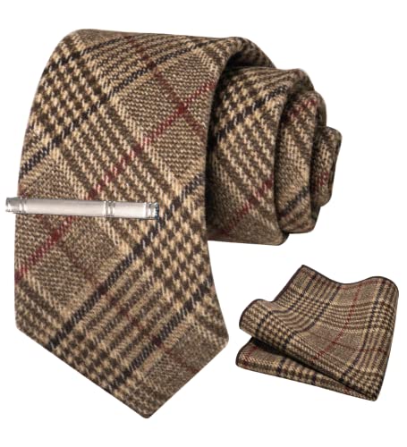 RBOCOTT Red Line Brown Plaid Cashmere Tie Wool Necktie and Pocket Square Tie Clip Sets for Men(90)