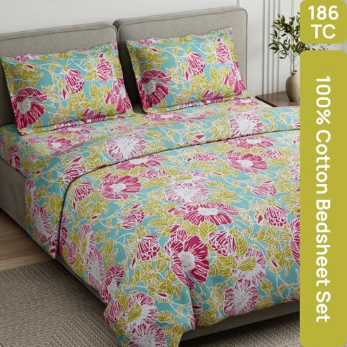 Image of haus & kinder Double Bedsheet for Queen Size Bed | 90 x 100 Inches 186 TC Cotton Bedsheet for Double Bed with 2 Pillow Covers - Petal Veranda Multi