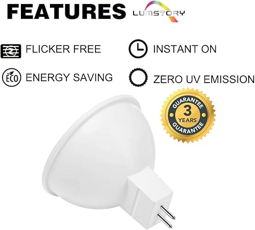 Miniatura 4 de LumStory Bombilla LED MR16 Bipin de 12 V, 3000 K, blanco cálido, 50 W, reemplazo halógeno, GU5.3, 5 W, 450 lm, ángulo de haz de inundación de 40