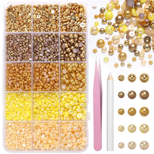 15000 Pcs Flatback Pearls for Crafting, Assorted Size 3/4/6mm Half Pearls Bedazzling ABS Pearl Beads Gems for Nails Art DIY Crafts Face Makeup with Pickup Pencil Tweezer (Brown Yellow)