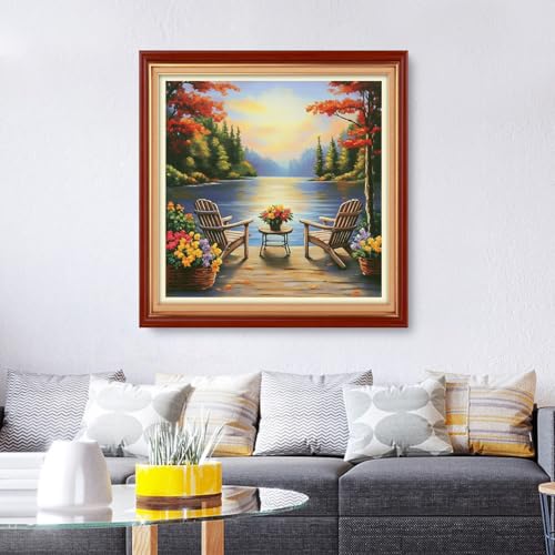 Image of Foxhool Stamped Cross Stitch Kits,11CT Printed Cross Stitch Pattern Full Embroidery Kits for Beginner Needlepoint Kits&Resting Scenery by the Lake 18x18 inch