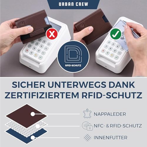 Image of URBAN CREW Smart Slim Wallet for Men - RFID Blocking Leather Card Holder with Swipe-Up Slot & Elastic Strap - Minimalist Front Pocket Wallet (Brown)
