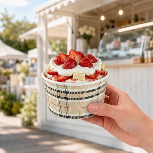 Image of Restaurantware Coppetta 5 Ounce Dessert Cups, 50 Disposable Ice Cream Cups - Lids Sold Separately, Sturdy, Plaid Paper FroYo Bowls, For Hot And Cold Foods, Perfect For Gelato Or Mousse