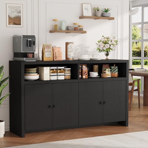 Garvee Buffet Sideboard with Storage, 4 Doors & Adjustable Shelves, 55'' Large Farmhouse Kitchen Storage Cabinet Wood Coffee Bar Cabinet for Kitchen,