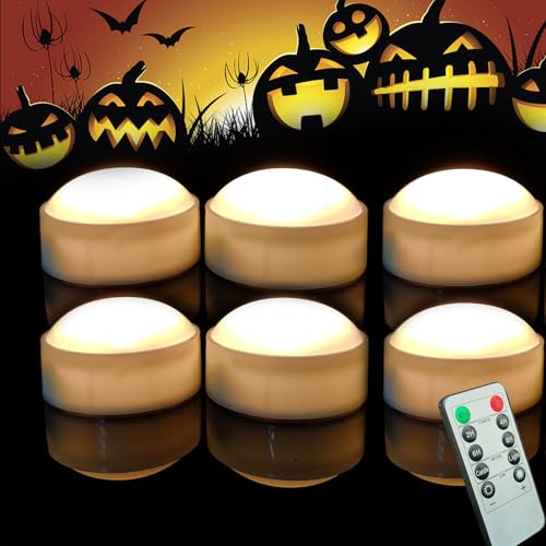 Image of 6 Pack Halloween Pumpkin Lights with Remote /Timer White Led Battery Operated Flameless Candles Pumpkin Latern Jack-O-Lantern Lights Decor Fall Decorations