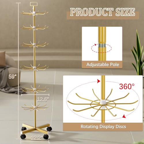 Image of Retail Display Stand Store Display Rack 6 Tier Metal Spinning Display Stand Rack with Wheels Keychain Jewelry Stocking Hat Stand with Hooks for Malls, Showroom, Retail Store (6 Tier Gold)