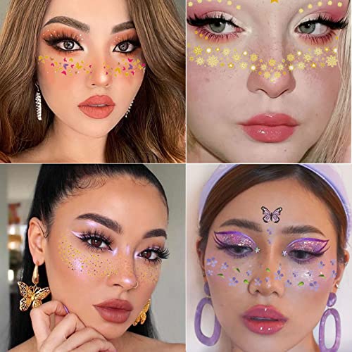 Tazimi 16 Sheets Glitter Face Temporary Tattoo For Women Girls Butterfly Daisy Totem Snowflake Metallic Freckle Face Tattoo Halloween Makeup Dancer Costume Parties Carnival Party Facial Tattoo Decoration #TOP3