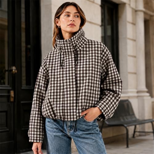 Womens Zip Up Jacket Funnel Neck Gingham Pullover Cropped Jacket - image 3