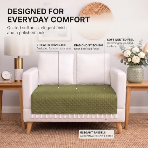 Image of BSB HOME 300 TC Premium Sofa Cover, Quilted Sofa Seat Cover with Decorative Tassels, Soft Comfortable Couch Protector, Stylish Furniture Cover for Living Room,60 x 48 Inches (152 x 122cm) - Sage Green