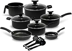 Jogo de Panelas 10 Peças Preto Antiaderente c/Tampa de Vidro e Utensílios