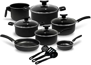 Jogo de Panelas 10 Peças Preto Antiaderente c/Tampa de Vidro e Utensílios