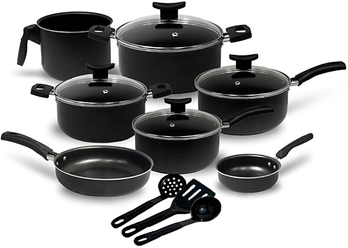 Jogo de Panelas 10 Peças Preto Antiaderente c/Tampa de Vidro e Utensílios