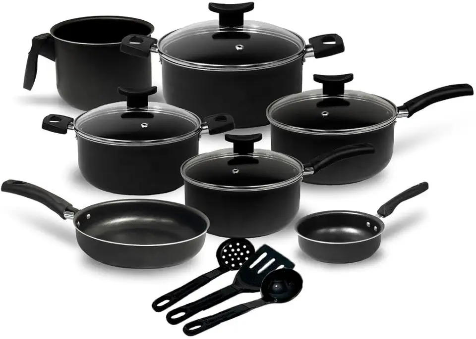 Jogo de Panelas 10 Peças Preto Antiaderente c/Tampa de Vidro e Utensílios