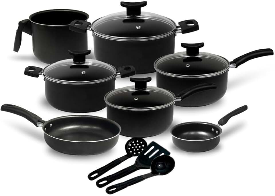 Jogo de Panelas 10 Peças Preto Antiaderente c/Tampa de Vidro e Utensílios