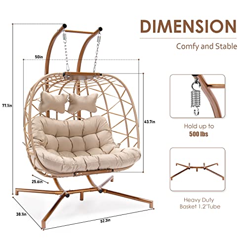 Radiata Luxury 2 Person Wicker Swing Double Egg Chair With Stand, Rattan Wicker Hanging Egg Chair Hammock Chair With Cushion And Pillow For Indoor Outdoor Bedroom Patio Garden #TOP3