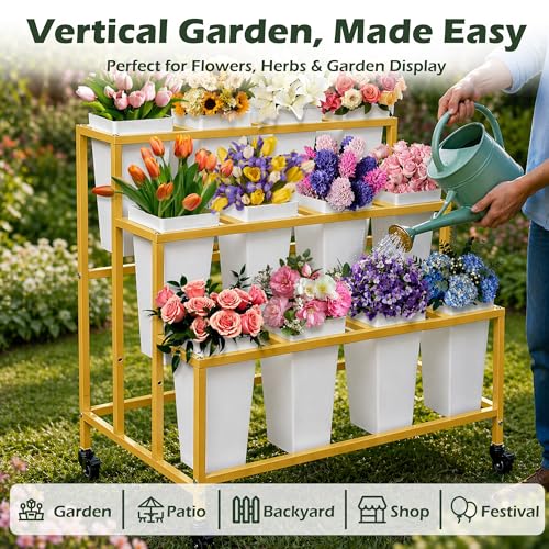 PROLEE Flower Stand with 12 Buckets, Flower Display Stand with Wheels, Moving Florist Bouquet Shelf for Wedding and Party, Gold by PROLEE - Used condition - Image 2