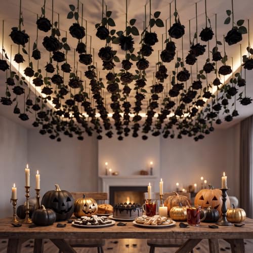 Lyrow 60 Pack Black Artificial Flower Hanging Ornaments Rose Floating Garland Gothic Halloween Moody Dark Wedding Victorian Goth Black Aesthetic Ceiling Garland Home Table Decor DIY Bouquet Craft