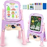 Kids Easels for Toddlers 2-4 Double Sided Kids Art Easel with Magnetic White Board Chalk Board Adjustable Stand Drawing Painting Easel Learning Toys 2 3 4 Year Old Girl Birthday Christmas Gifts Pink