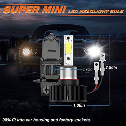 Pulilang H3 LED Headlight Bulbs, H3 LED Fog bulb 60W(2x30W) 12000LM (2x6000LM) 6500K Cool White, 300% Brightness Super Bright 1:1 Mini Design Car Replacement Lights of Halogen and Xenon Kit 2 Lamps
