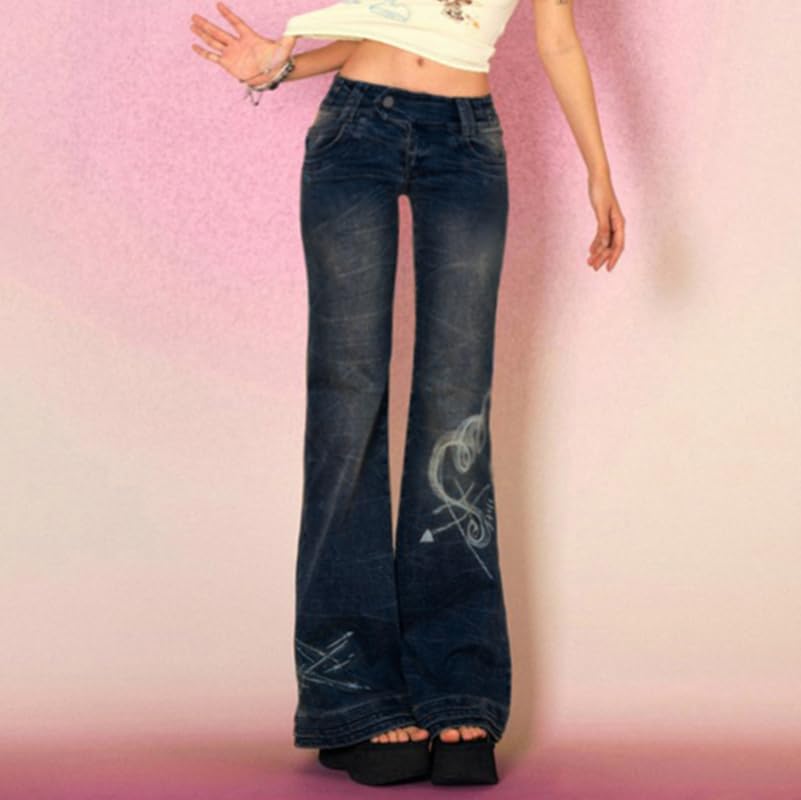 Y2K Grunge Pants Fairycore Vintage Low Rise Flared Jeans Women Vintage Aesthetic Heart Printed Denim Trousers2