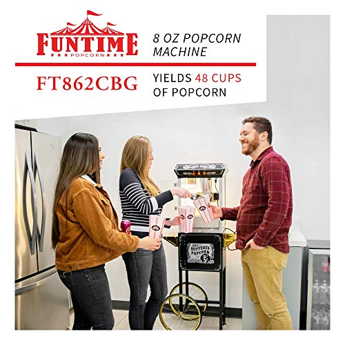 Image of Funtime Sideshow Style 8oz. Black & Gold Hot Oil Popcorn Machine with Cart and Starter Kit