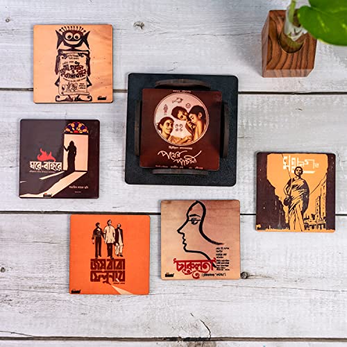 Image of Windup MDF Wooden Printed Coasters Set with Coaster Stand (High-Gloss /Waterproof - 3.5x3.5 inches, Set of 6) - Style: Satyajit Ray Movie Posters