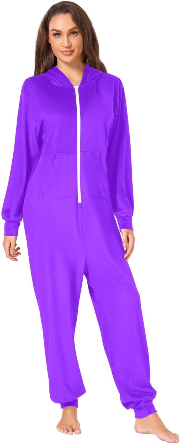 Violet Adult Onesie Pajamas, Soft Plush One Piece Loungewear with Hood and Zipper for Men Women Christmas Sleepwear