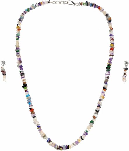 Home Shop Natural Multi-Color Stone Necklace Set for Women &amp; Girls | Handmade Crystal Chip Beads Jewelry with Matching Ear...