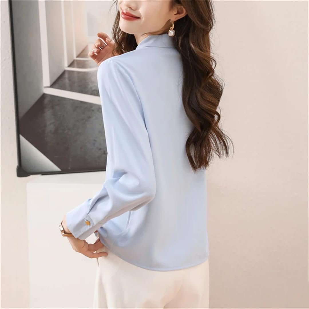Camicia da donna in chiffon, con scollo a V, a maniche lunghe, autunnale, con fiocco
