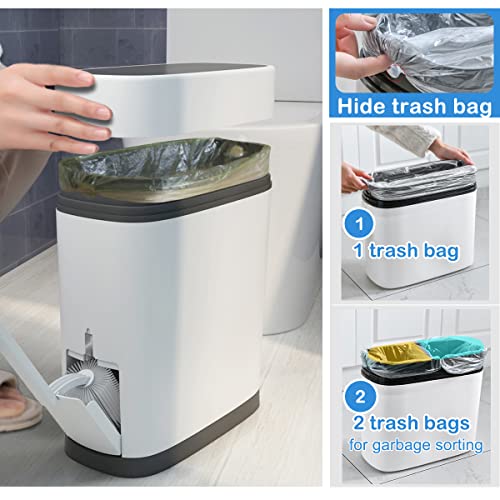 COMODID 3.7 Gallons Bathroom Trash Can with Toilet Brush Holder 14 Liter White Plastic Garbage