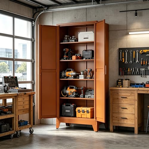 Image of Bevivog Tall Rust Brown Storage Cabinet, 71 inch Metal Pantry Cabinet with 2 Doors and 4 Adjustable Shelves, Industrial Farmhouse Metal Pantry Cabinet for Kitchen Garage